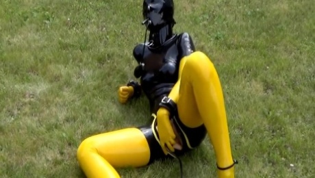 Masturbate With Inflatable Dildo In Latex Catsuit