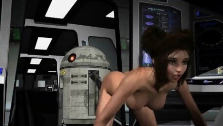 3D cartoon Princess Leia getting toyed by R2D2