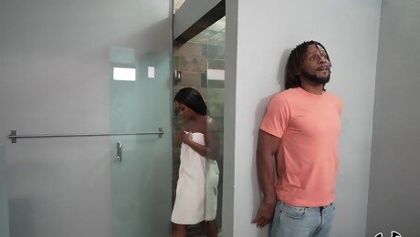 Ebony bombshell walks out of the shower to get laid with her stepson