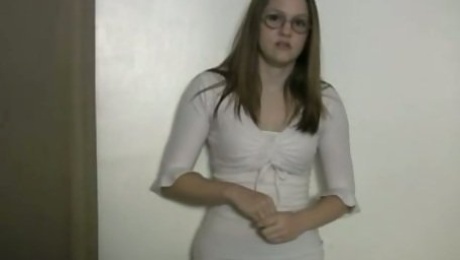 Ugly pale nerd in glasses Amy kneels down to suck a tasty cock for gooey cum