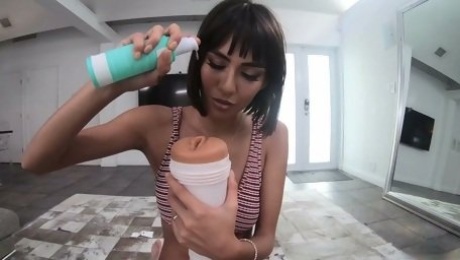 Seductive chick Janice Griffith jerks off cock with fleshlight in hot POV video