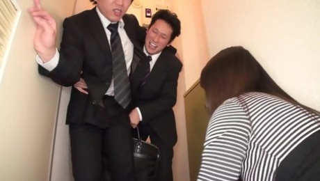 Japanese milf slut gives her cunt to her husband's coworker at dinner time!
