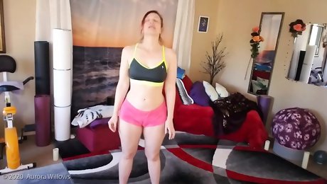 Aurora Willows stretching in hot cameltoe shorts