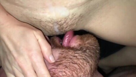 Long Landing Strip Of Cumshots From Her Pussy To Her Cleavage Gets Slurped Up & Swallowed By Him
