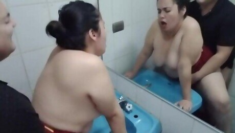 stepmom fucks with her son's friend in the bathroom in the middle of the party