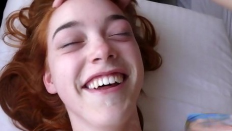 Slender redhead teen fucked by 2 horny old guys in bed