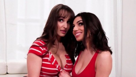Video  Cute brunettes Darcie Dolce and Lexi Luna are fucking on the sofa