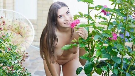 Sweet outdoor masturbation with a long-legged brunette Elise Moon